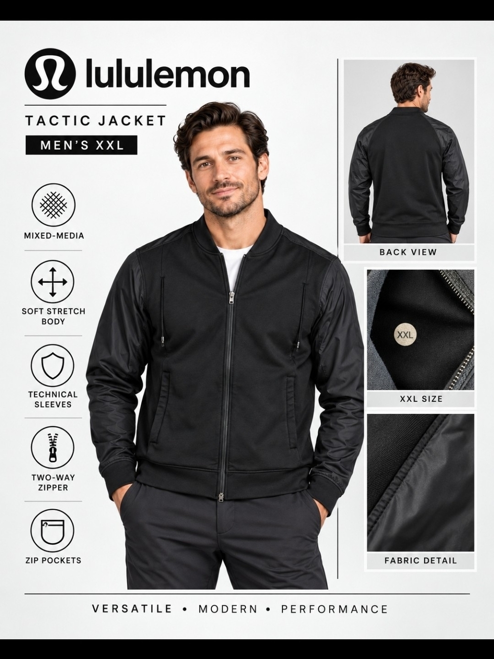 Lululemon Mens Tactic Bomber full-zip jacket in black, size XXL.